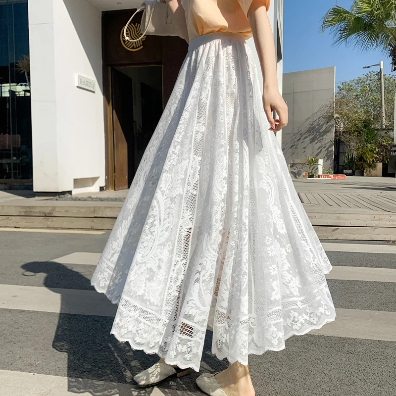 

White Lace Me f Skirt Women's Spring Autumn New Mid-Length High Waist A-Line Wide Skirt Long Skirts Retro Sle