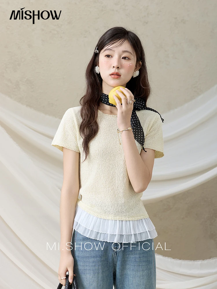 

MISHOW French Summer Sweet T-shirt Women 2025 Short Sleeve Round Neck Lace Stitching Shirts Woman Fashion Slim Tops MXE31Z1239