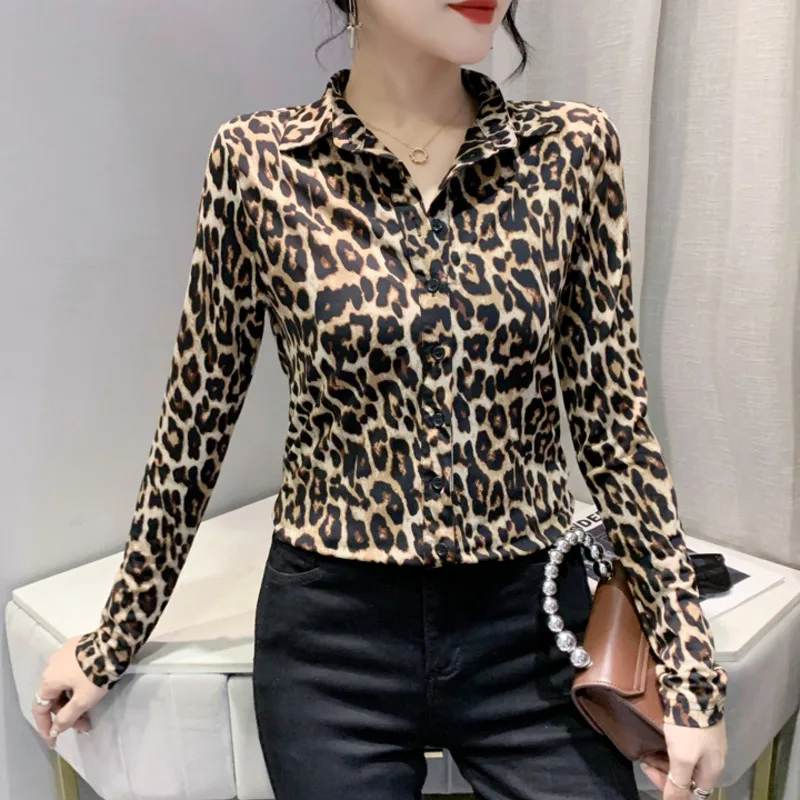 #8017 Leopard Shirt Women Long Sleeve Turn-down Collar Vintage Korean Style Buttons Slim Womens Blouses And Tops Spring Autumn