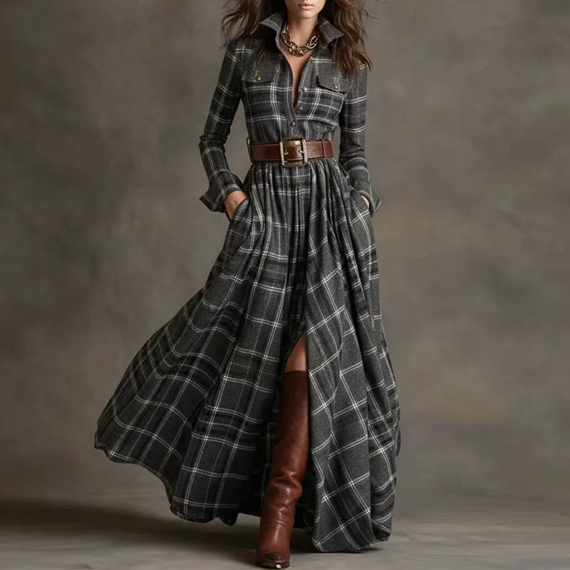 French Retro Plaid Print Slit Long Dresses Woman Elegant Turn-down Collar Button Maxi Dress Autumn Long Sleeve Pocket Boho Dress