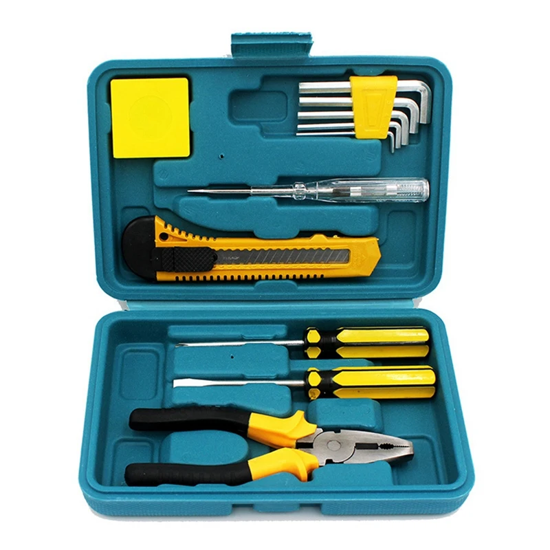 

12Pcs Universal Repair Kit With Plastic Toolbox With Wrench, Tape Measure And Screwdriver For Auto Repair Hardware Tools Set Kit