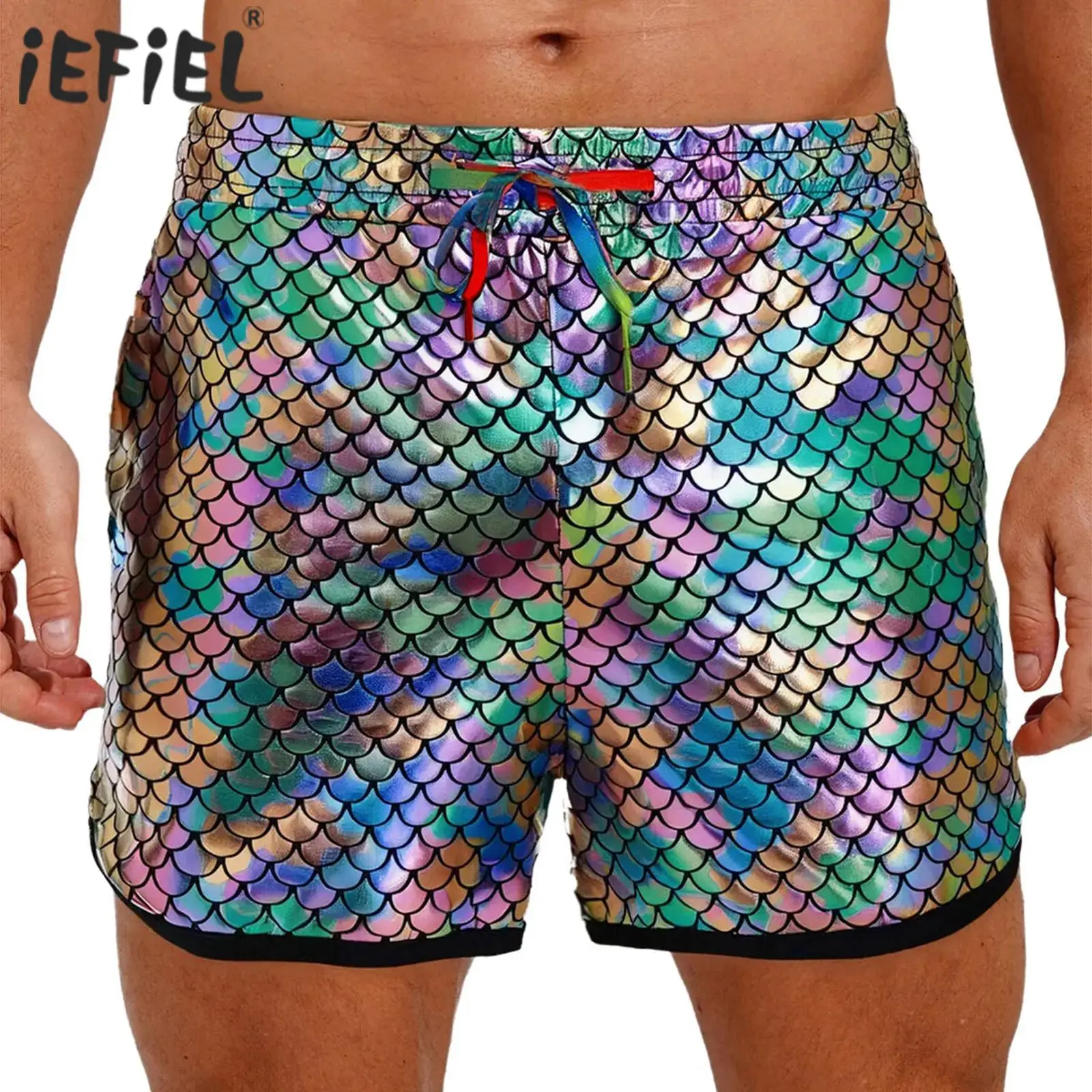 

Mens Mermaid Fish Scales Graphic Shorts Pants Drawstring Metallic Shiny Slant Pockets Swimming Trunks Short for Pole Dancing