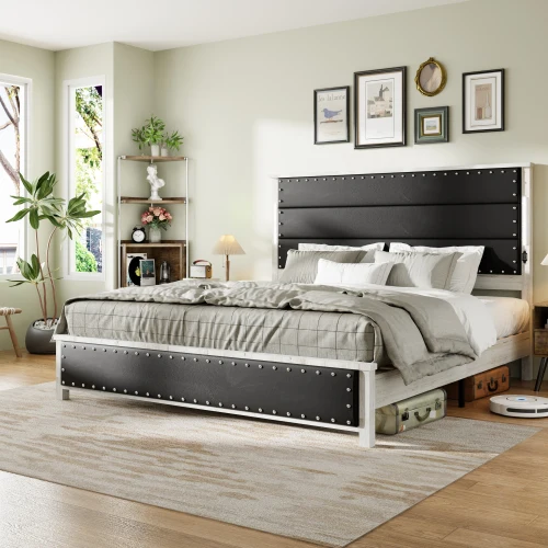 

King Size Bed Frame with Upholstered Headboard, King Bed Frame with Charging Station and LED Lights, Wood Slatspromote sales