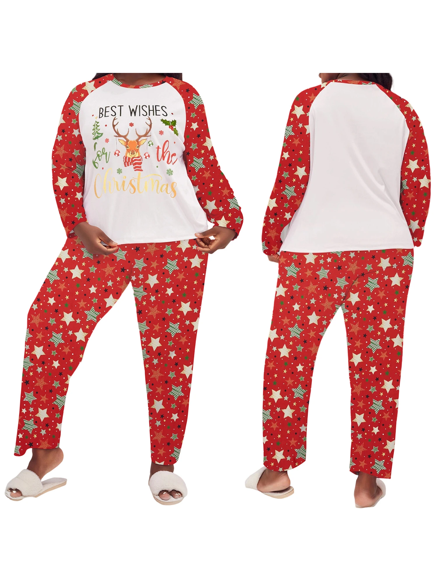 Ensemble pyjama de noël grande taille pour femmes, avec haut à manches longues imprimé flocon de neige et pantalon assorti pour tenue de nuit festive
