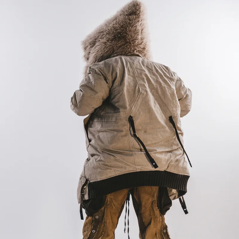 HKSH الخريف الشتاء الرجال فاسق فضفاض النفايات الأرض مقنعين التزلج الصوف معالج قبعة جاكيتات Techwear منتصف طول القطن معطف مبطّن HK14944