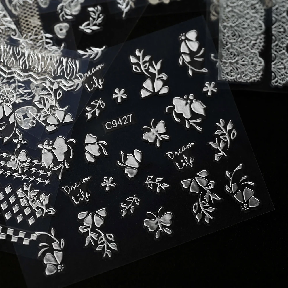 30pcs Sliver Heart/Moon/Star Shaped Nail Art Stickers 3D Adhesive Glittery Lace Grid & Leaf Pattern Design DIY Nail Art Sliders