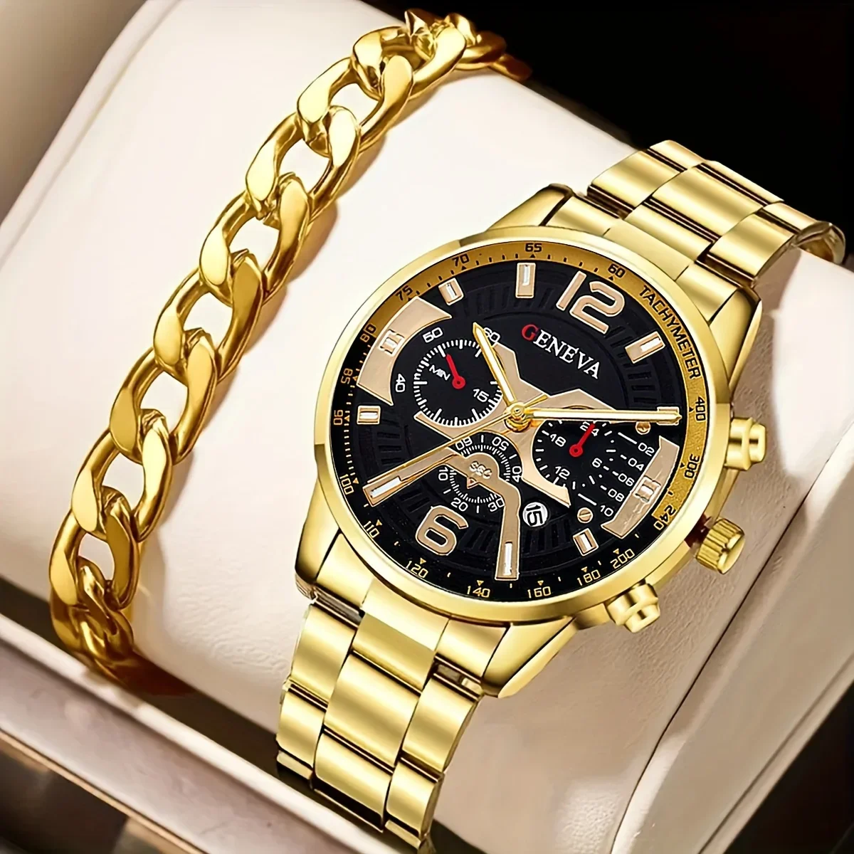 2/3 Stück/Set, goldene Herren-Quarzuhr aus Legierung und 1 Armband/1 Stück & 1 Stück Armband & 1 Stück Halsketten-Set, Geschenkauswahl