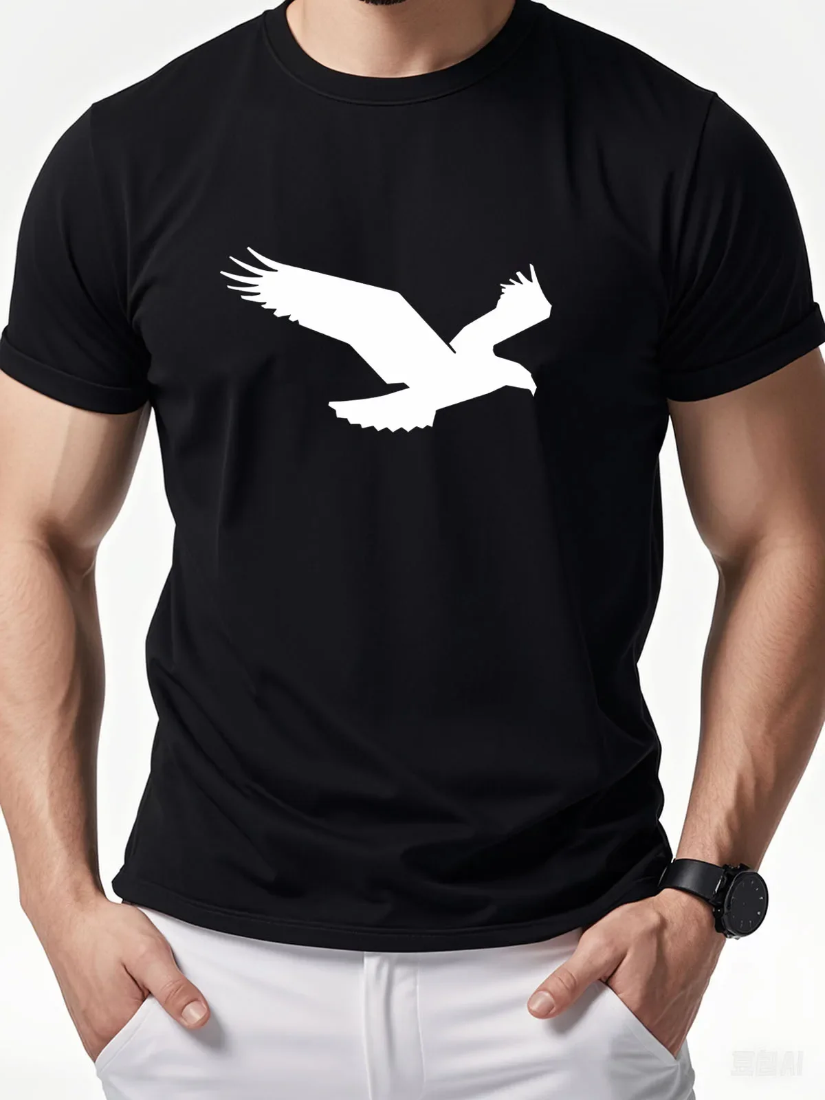 

Men'S 100% Cotton Casual Sports Loose Oversized Eagle Pattern Print Round Neck Short Sleeved T-Shirt Top