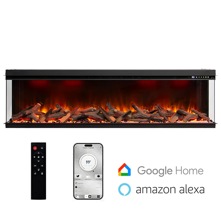 3 Sided Electric Fireplace, 50 60 72 80 Inch Tempered Glass, LED Built-in Insert, Voice Control Smart Fireplace Heater