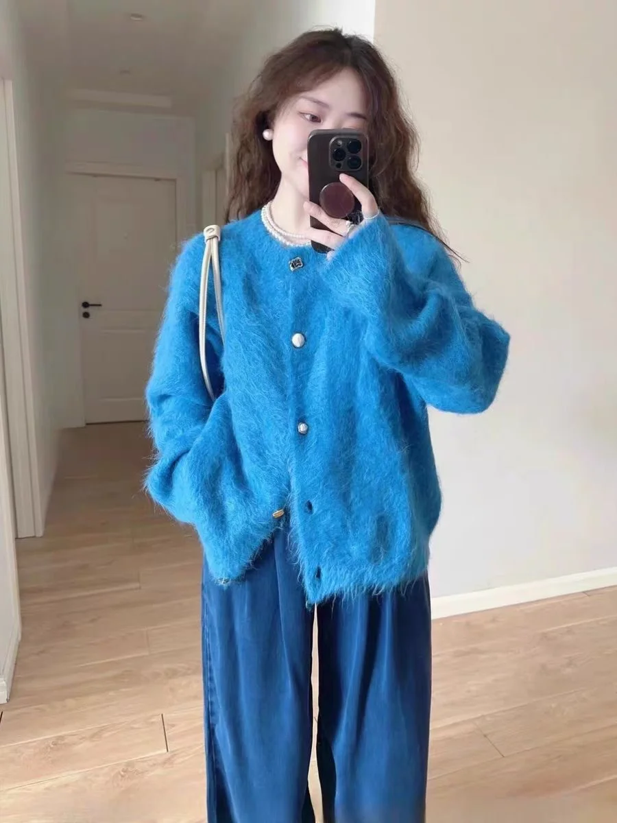 

Blue Mink Knit round Ne Sweater Coat Women's Soft Cozy Knitted Open Cardigan Top High-End Feel Spring Autumn New Arrival