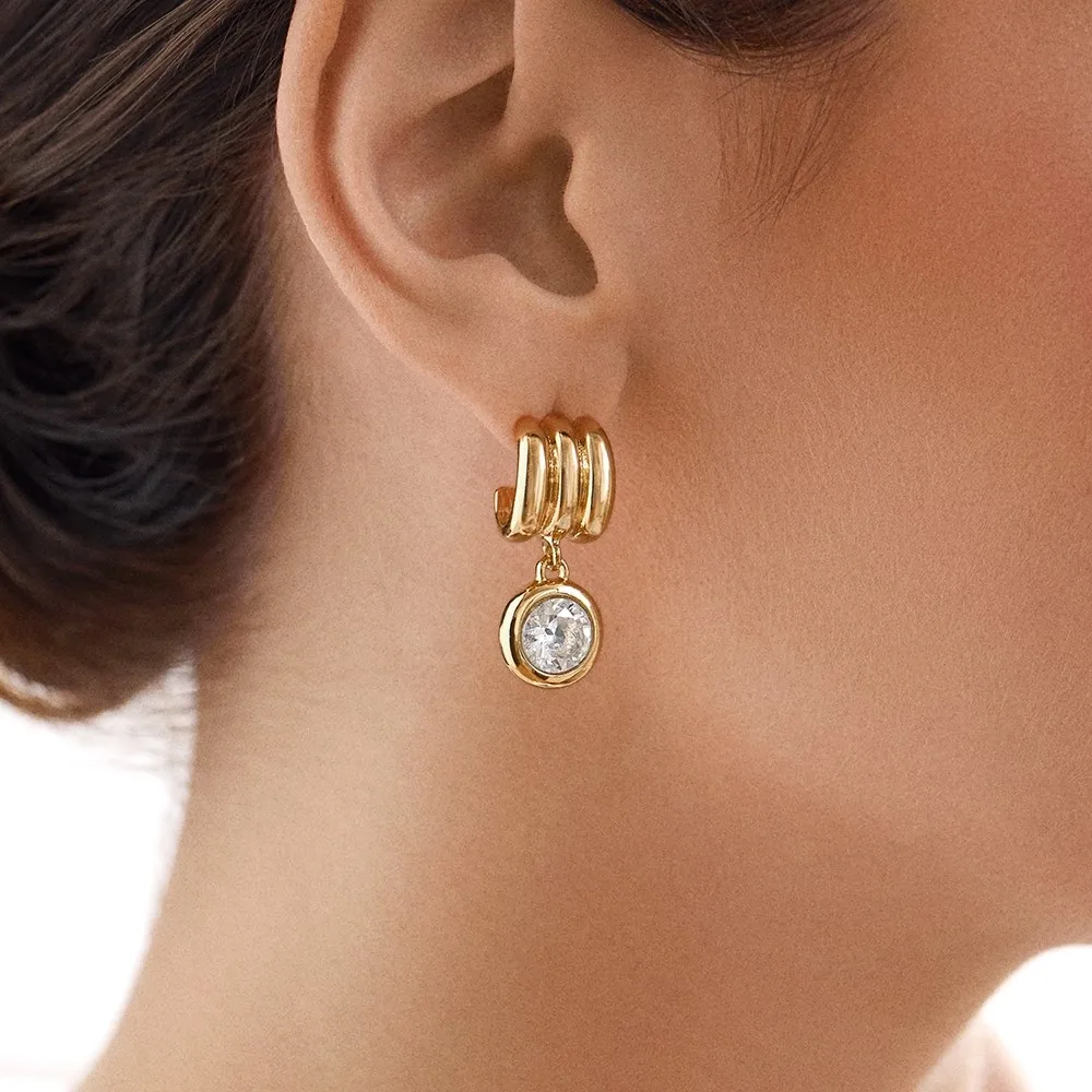 Klobige C-förmige Ohrstecker aus Edelstahl in Goldfarbe für Damen, runder Strass-Tropfenohrring, luxuriöser Schmuck, Statement-Geschenke