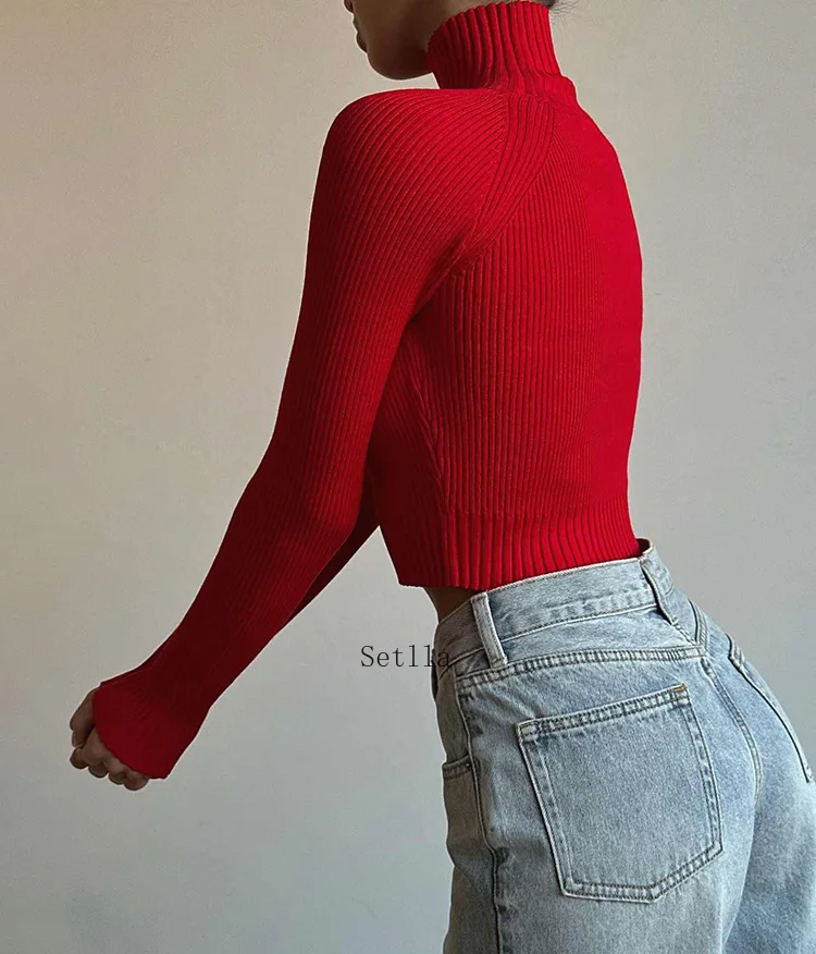 Fashion Ribbed Knit Cut Out Tops Elegant Long Sleeve Sexy Slim Turtleneck Autumn Tops Tees Pullovers Streetwear Women Clothing