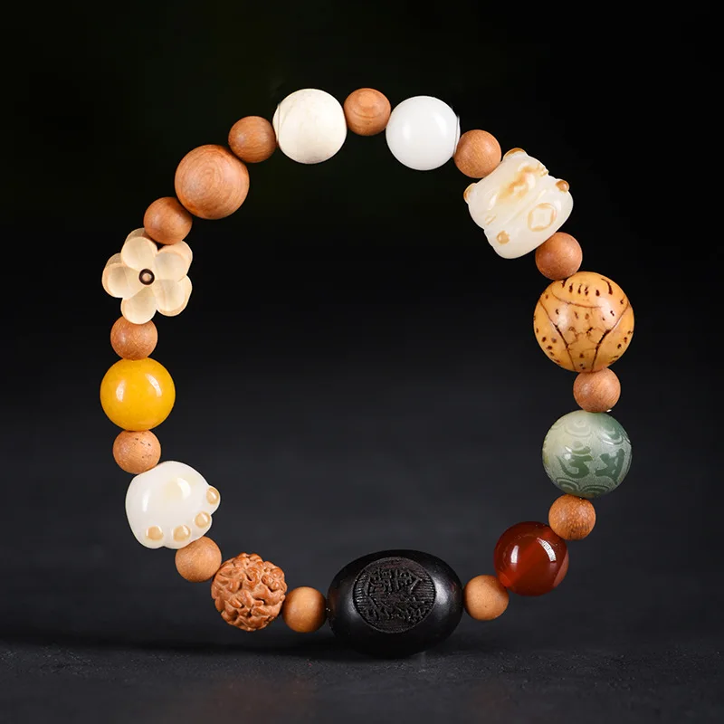 Multi Treasure Wood Carved Golden List Title Bracelet Bodhi Pendant Unisex Collectible Jewelry Ornament