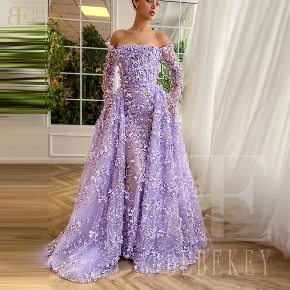 

BEBEKEY Customized Elegant 3D Embroidered Flowers Dubai Evening Dress with Overskirt Lilac Long Sleeves Women Wedding Party Gown