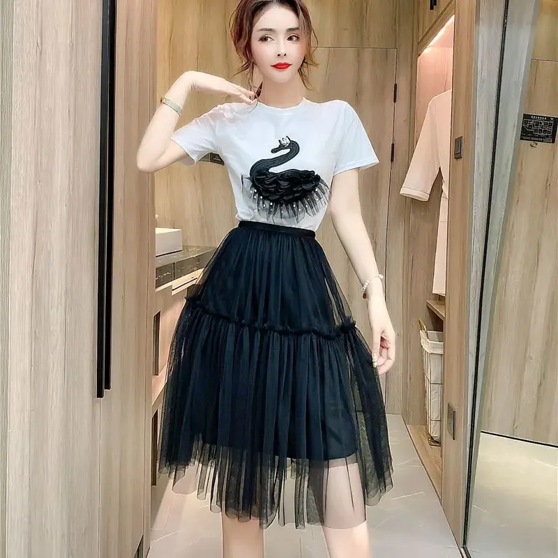 Kawaii Cotton Midi Woman Outfit Short Sleeve Commuting Beach 2 Pieces Sets For Women Skirt Cheap Clothing Korean Style Offers