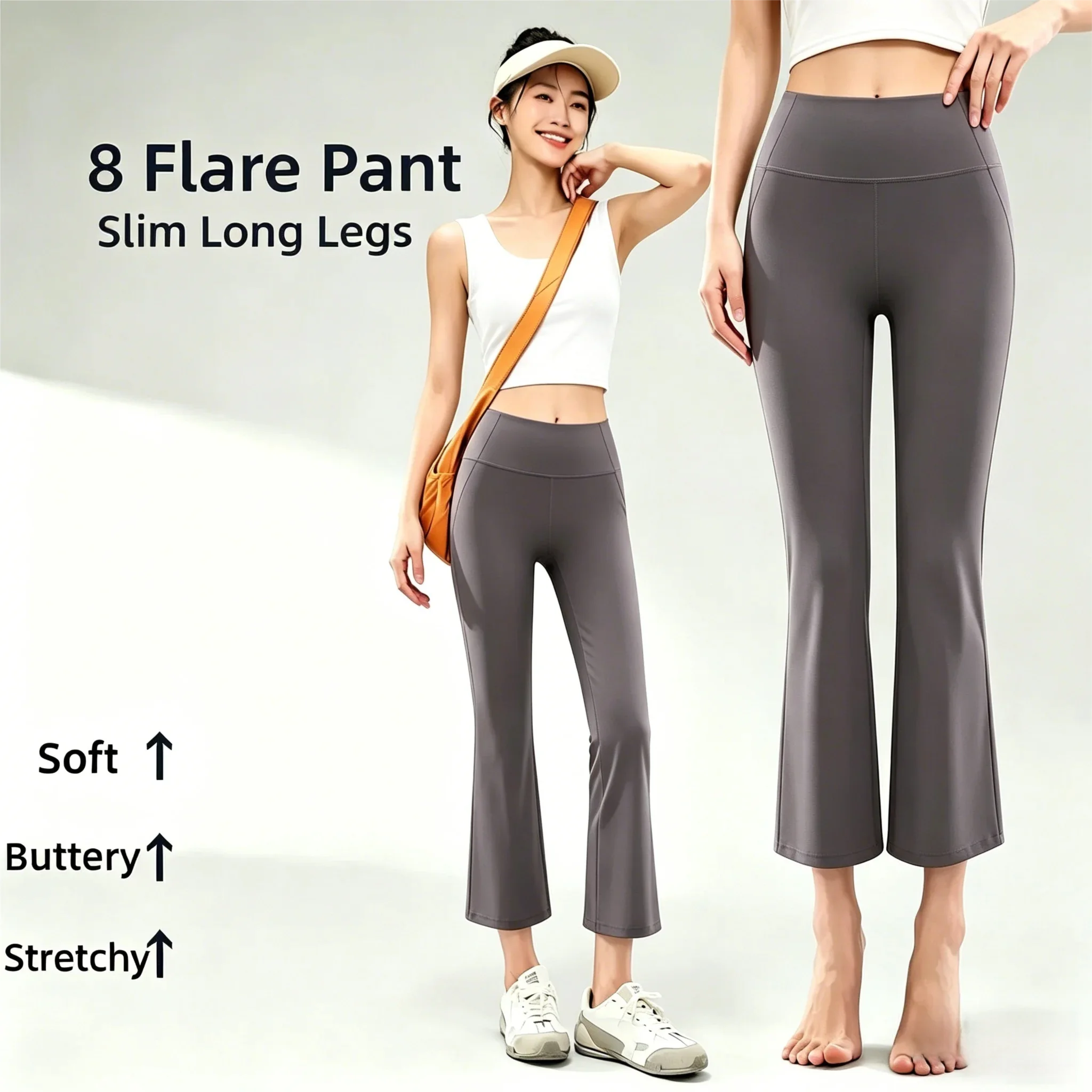 Women High Waist Cropped Flare Pants Tummy Control Slim Sports Yoga Trousers