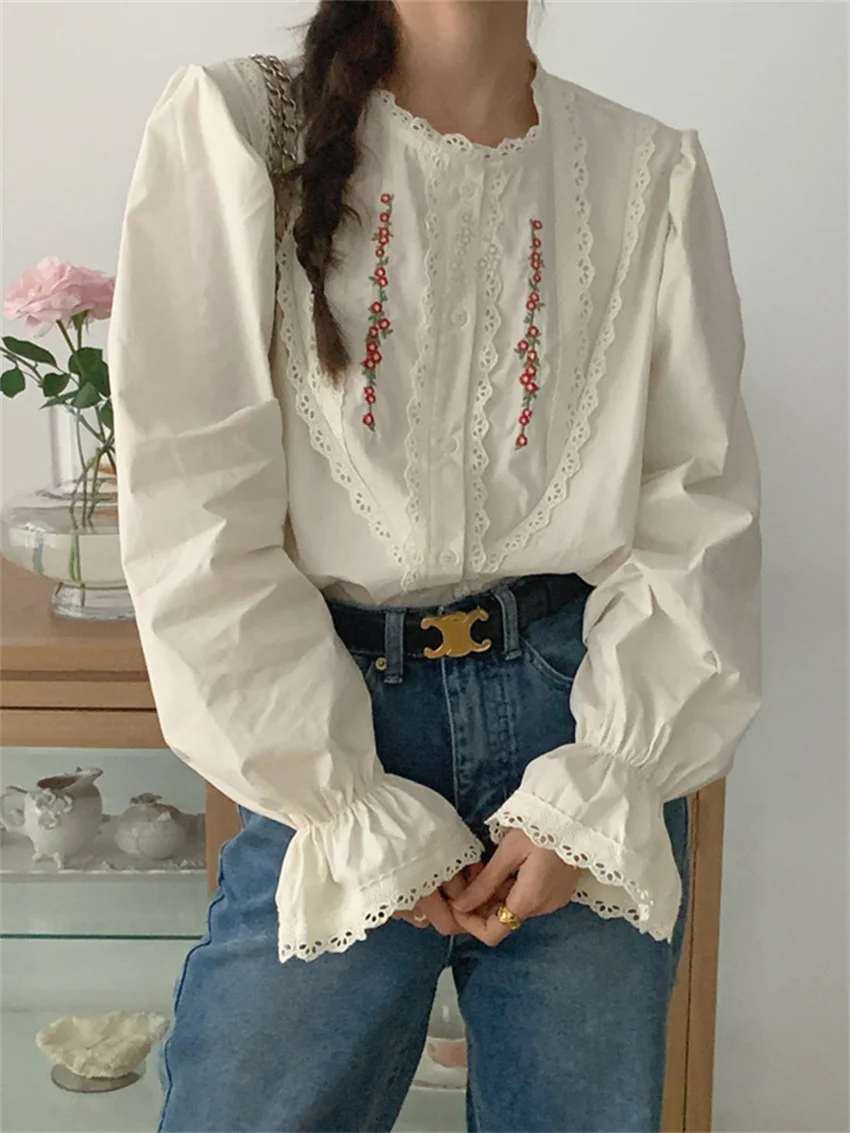 Alien Kitty OL Women Tops Elegant Spring Embroidery Chic Flowers New Full Sleeve Office Lady High Street Casual Gentle Shirts