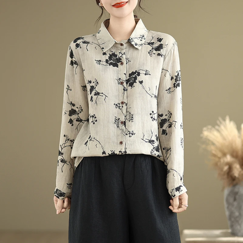 الرجعية الفنية طباعة القطن الكتان طويل Sve irt المرأة عادية فضفاض العمر-Defng ربيع الخريف جديد Sle الأعلى