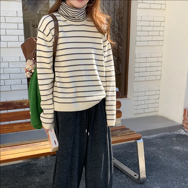 

Женский зимний повседневный свитер с высоким воротом, вязаный топ с длинными рукавами и контрастными полосками