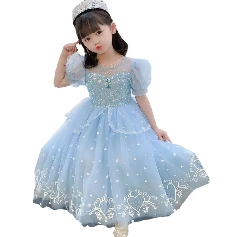 Disney Girl\'s Princess Elsa Dress 2024 Summer New Girl\'s Dress Princess Elsa Mesh Children\'s Day Performance Dress