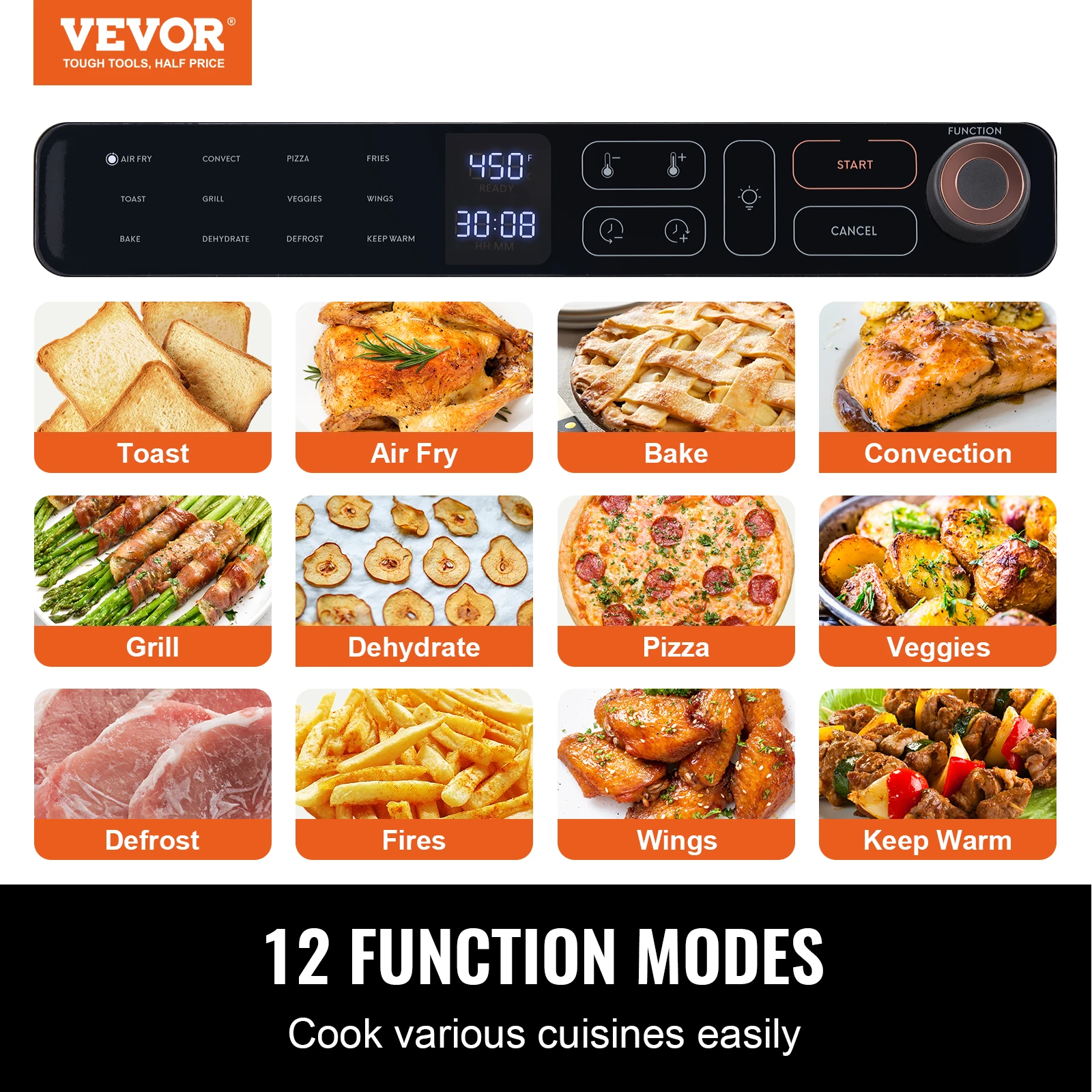 VEVOR Air Fryer Toaster Oven 25L Convection Oven 1700W Stainless Steel Toaster Ovens Countertop Combo with Grill for Kitchen