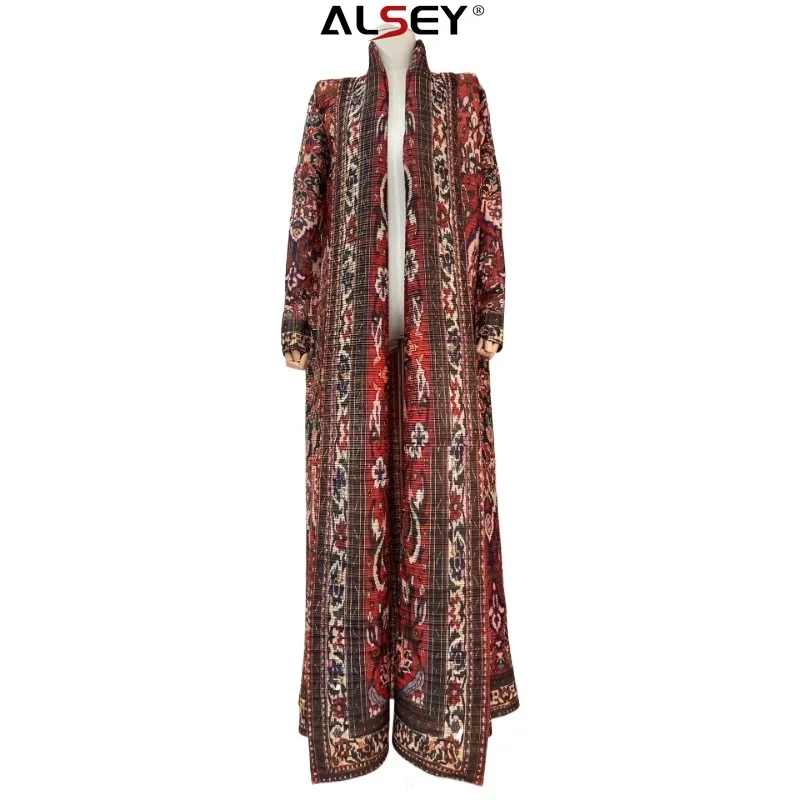 

ALSEY Miyake Casual Model Women's Dress Pleated Peplum Long Sleeve Coat Jacket Cape Fashion Printed Long Gown 2024 Summer New