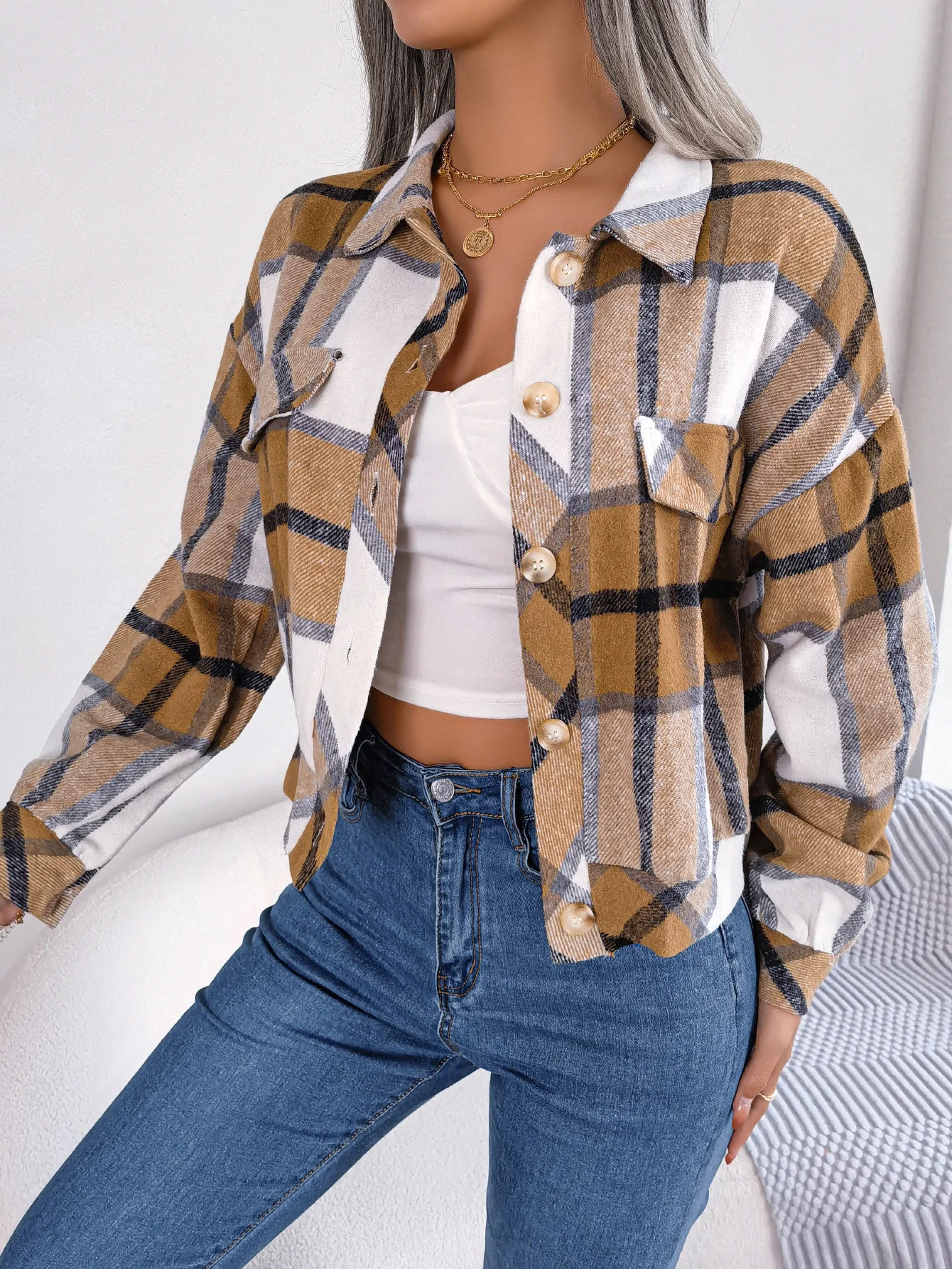 

Women's Casual Resort Plaid Button-Up Long Sleeve Tweed Jacket with Notch Lapel and Faux Pockets for Fall/Winter