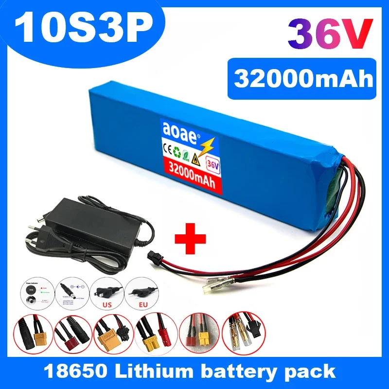 

AOAE 36V 32000mAh 18650 Rechargeable Lithium Battery Pack 10S3P Power Modified Bicycle Scooter Electric Vehicle with BMS+charger