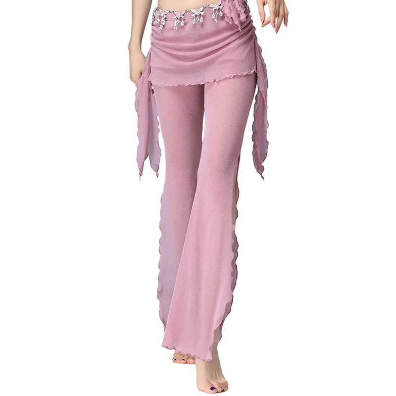 Women Belly Dance Pants Oriental Tribal Lady High Waist Trousers Adults Silver Silk Wave Split Pants Skirt Practice Clothing XL