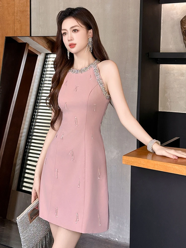 Neue Sommer y2k Dame rosa süßes Abendkleid Frauen kleider schick elegant Luxus sexy ärmellose schlanke kurze Party Geburtstag Vestido