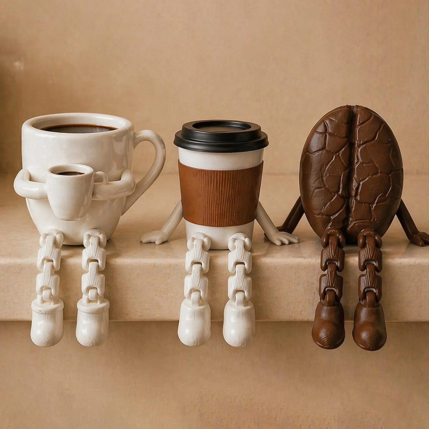 2-3pc Articulated Coffee Figures, Cute Coffee Cup & Coffee Bean Desk Decor, Fidget Toys for Coffee Lovers, Home Office Ornaments