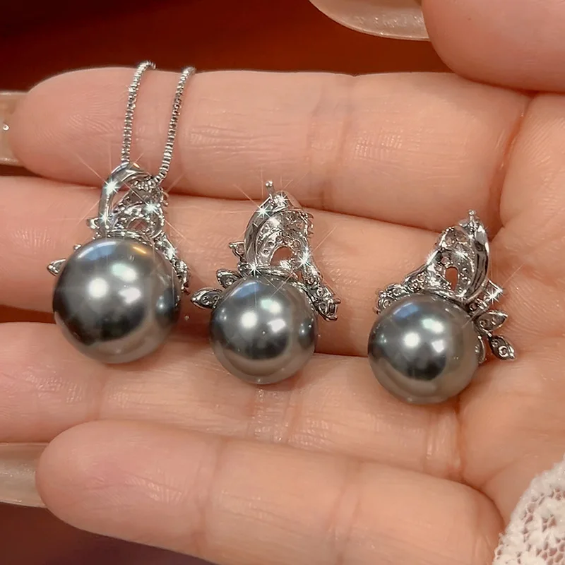 Elegant Grey Pearl Jewelry Leaf Design Necklace Earrings with Sparkling CZ Zircon Women's Fashion Accessories Party Daily Wear