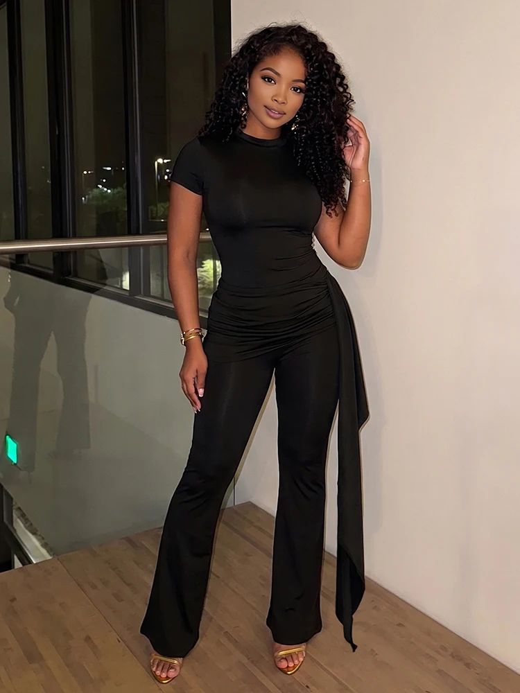 

Whatiwear 2 Piece Set Woman Chic o-Neck Short Sleeve Ribbon Decoration Dress+Flared Pants Street Elegant Casual Fashion Suits