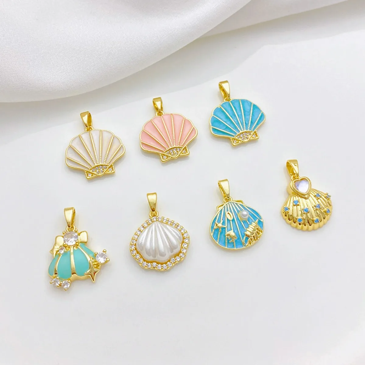 14K Gold Plated Inlaid Cubic Zirconia Color Shell Series Charm Pendant DIY Findings for Handmade Pearl Necklace Jewelry Making