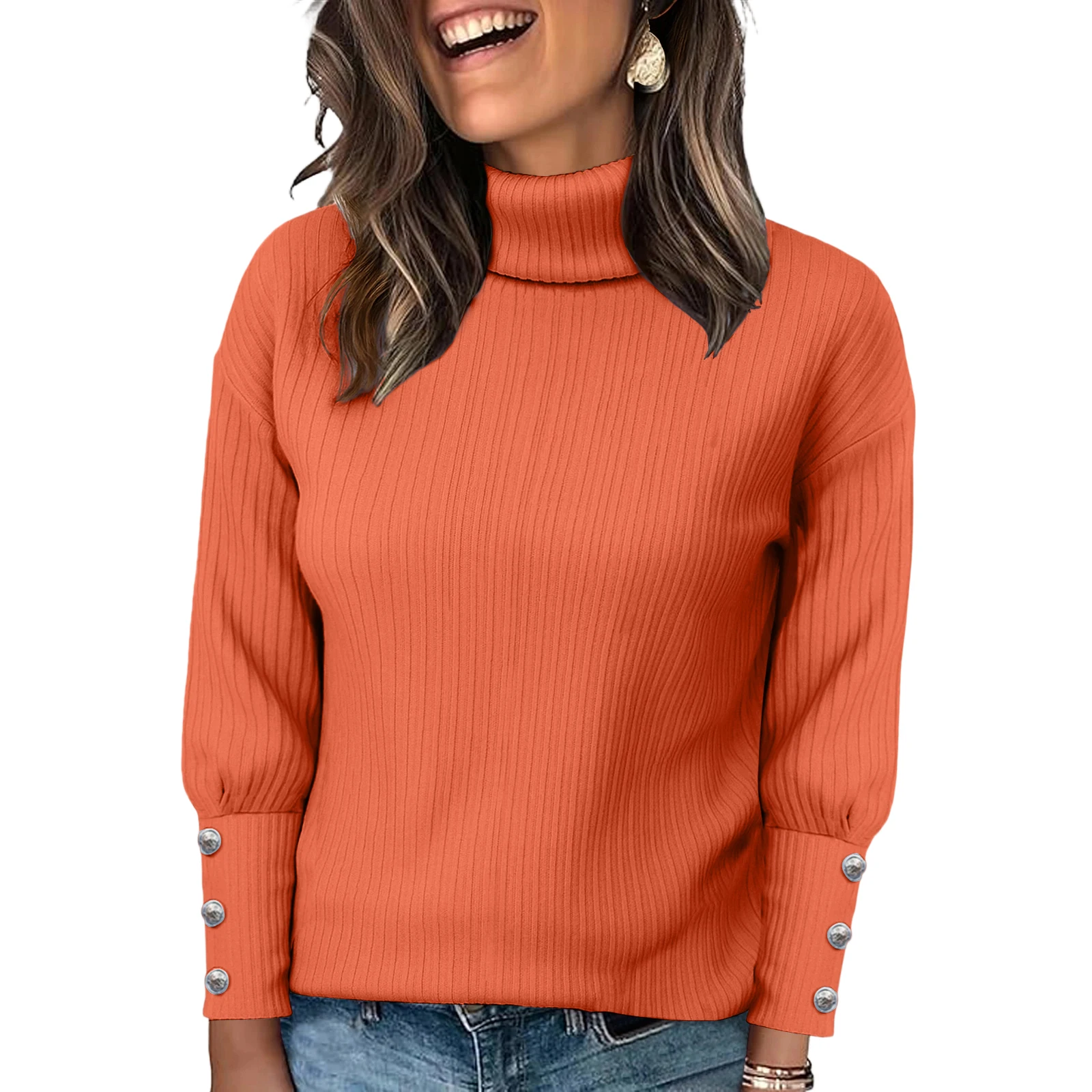 Women's Fashion Knitted Pullover Tops Winter Ladies Casual Long Sleeved High Neck T-shirt Top Female Solid Color Knitting Tops