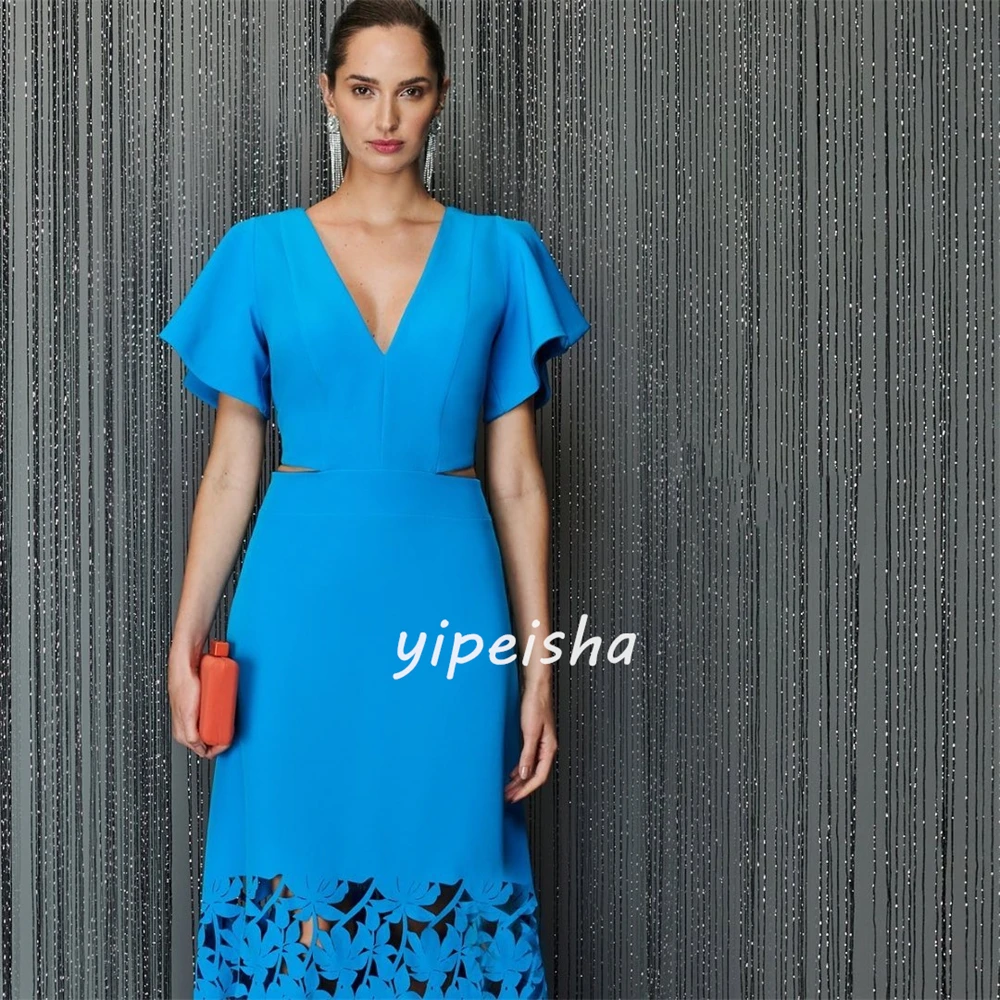 Customized Jersey Pattern Ruched Valentine's Day A-line V-neck Bespoke Occasion Gown Midi Dresses