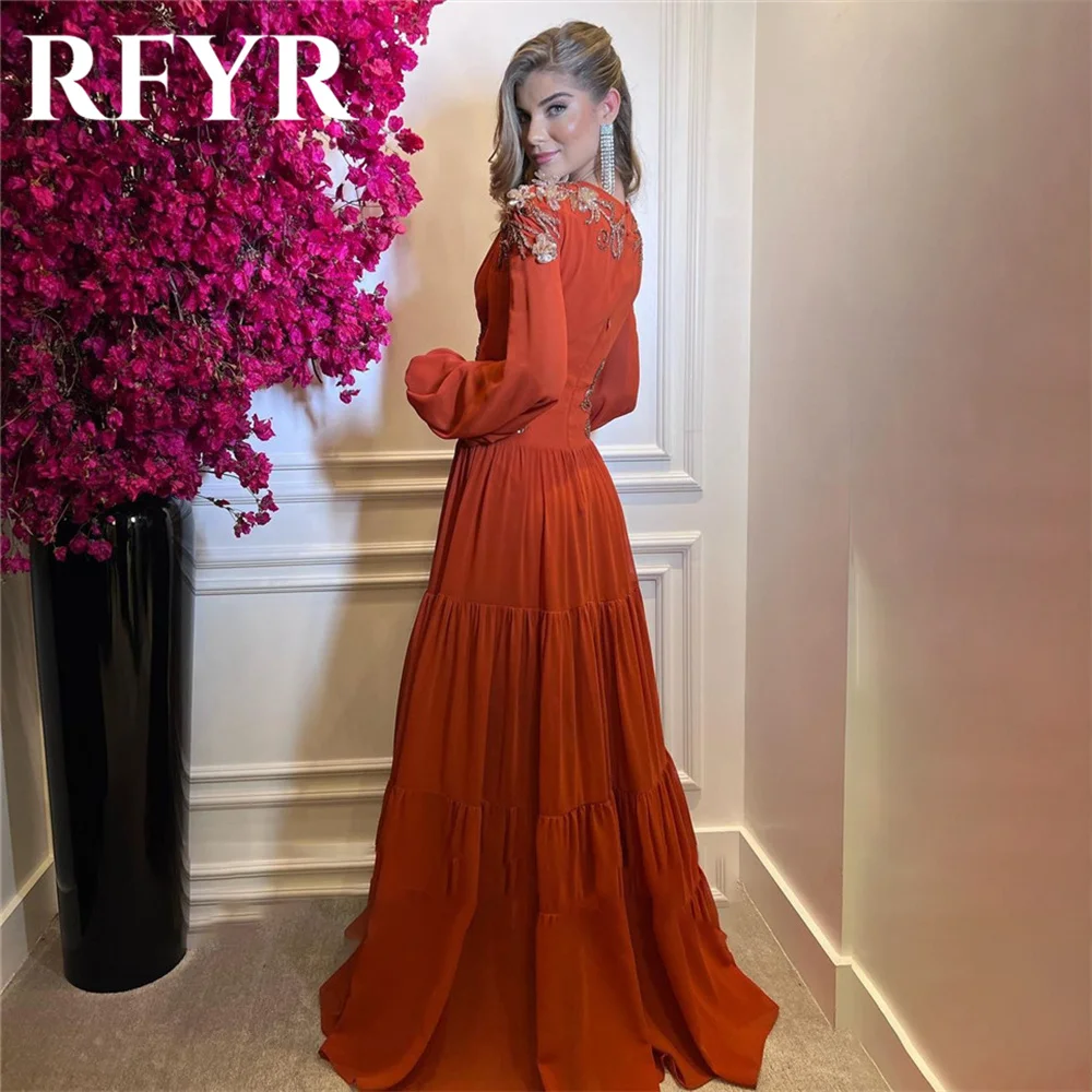 RFYR Elegant Orange Evening Dress with Pleats Beach Arabic Israel Prom Dresses Regular Sleeve V-neck Women Party Gown Customized