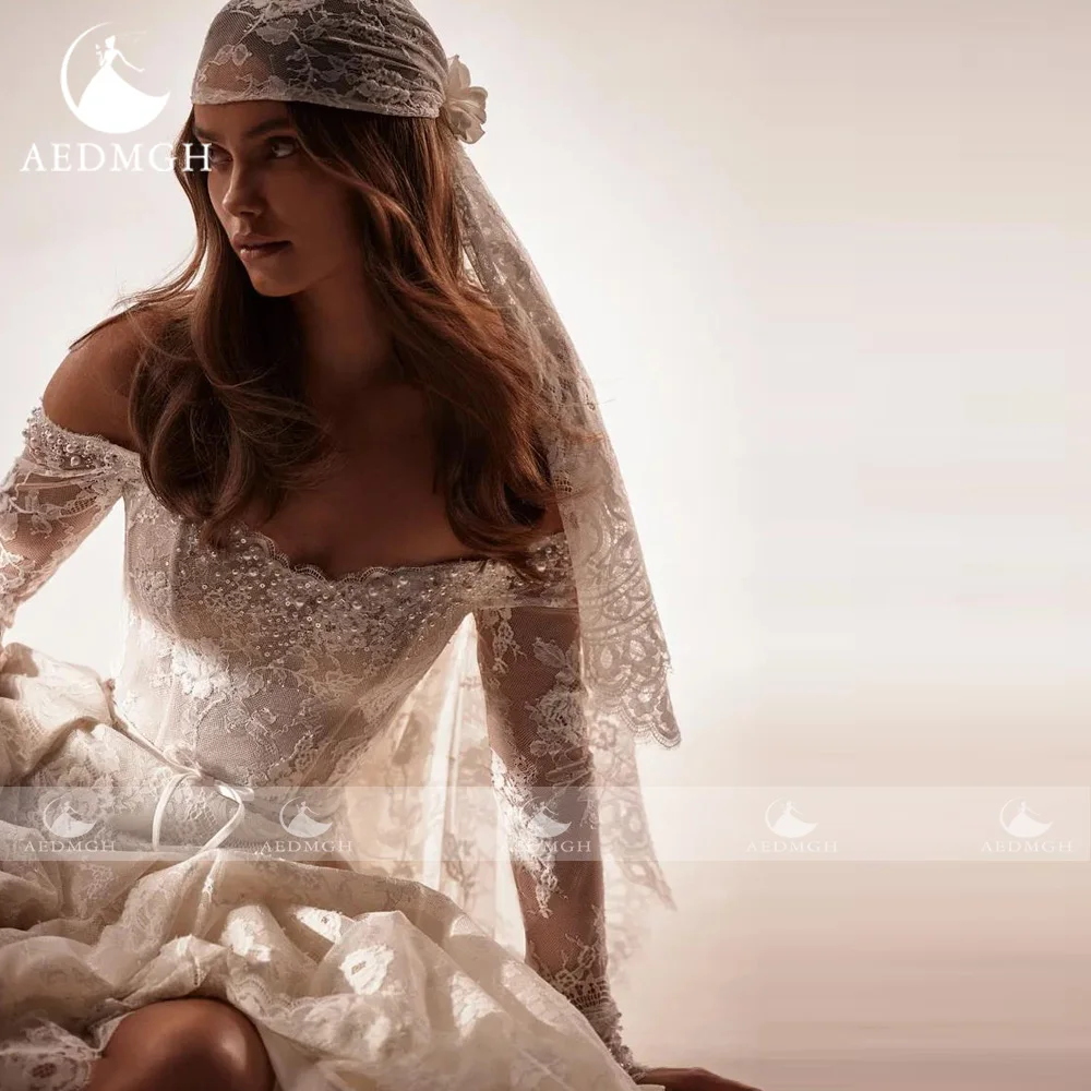 Gaun Pengantin Elegan A-Line Aedmgh Gaun Pengantin Buatan Khusus Seksi Bordir Renda Gaun Pengantin Bahu Terbuka Sayang