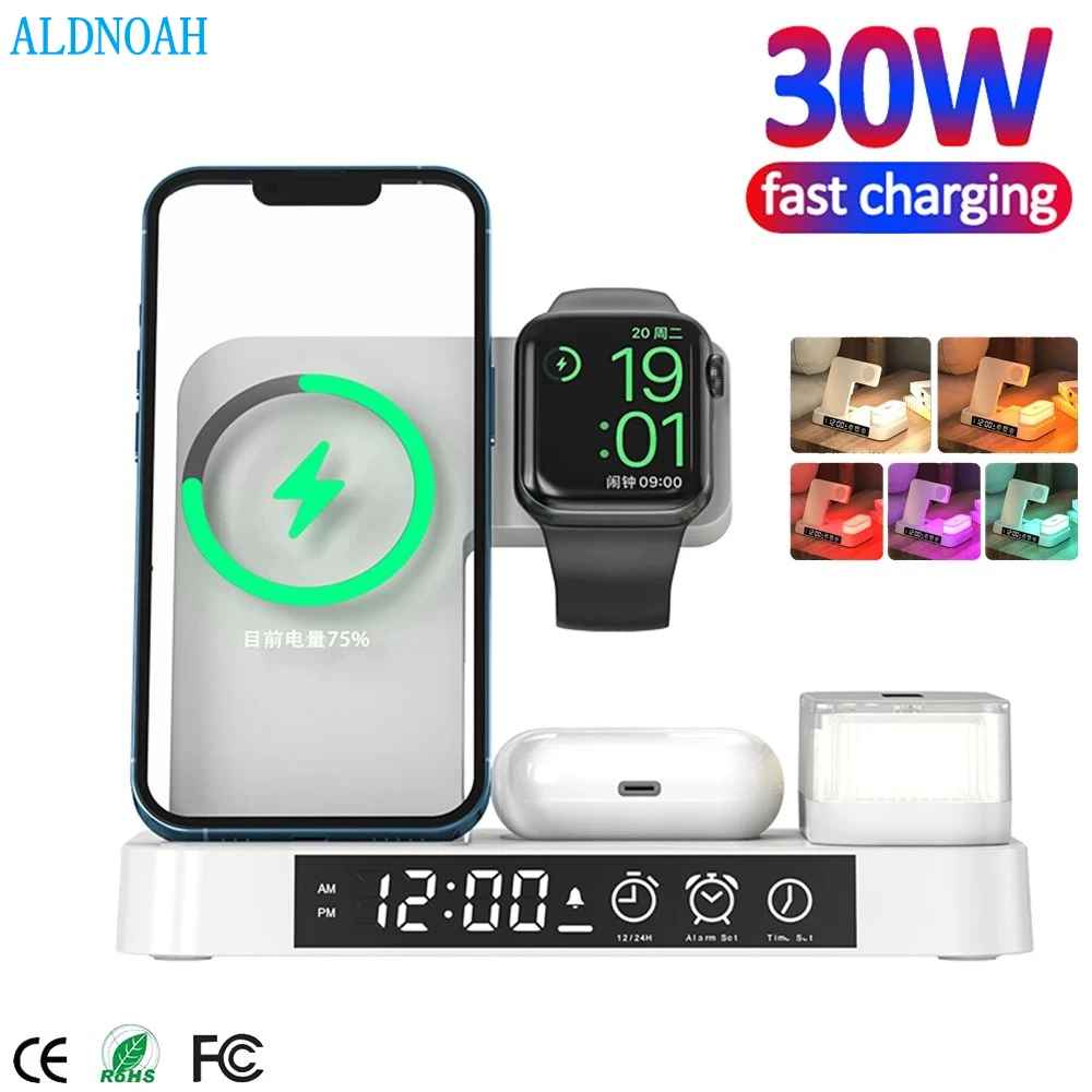 30W 3 in 1 Wireless Charger Stand With RGB Light Alarm Clock for Apple Watch 8 7 Fast Charging Dock Station For iPhone 14 13 12