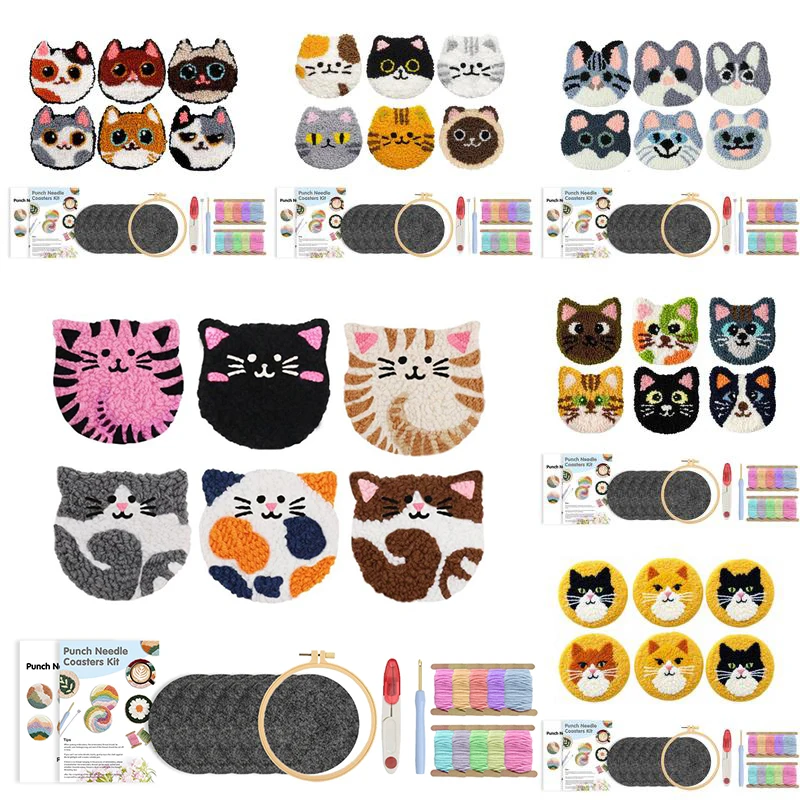 GATYZTORY 6pcs/Set Punch Needle Coaster Kit Cat Animal Punch Needle Embroidery Kit for Beginners Adult Kids Gift Home Decor