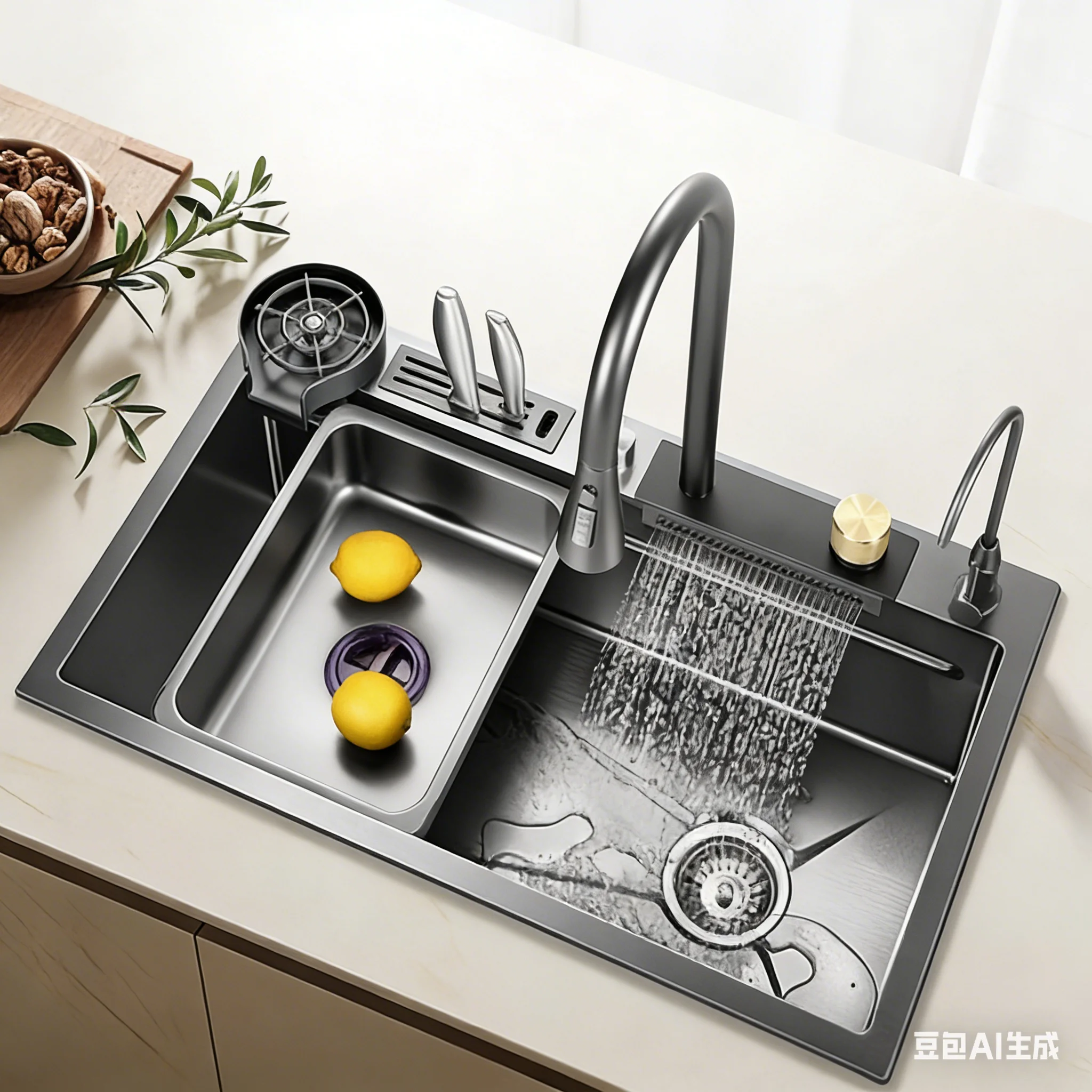 

Кухонная мойка из нержавеющей стали ручной работы с одной чашей — с нанопокрытием для легкой очистки, встроенной подставкой для ножей и смесителем с функцией дождевого распыления.