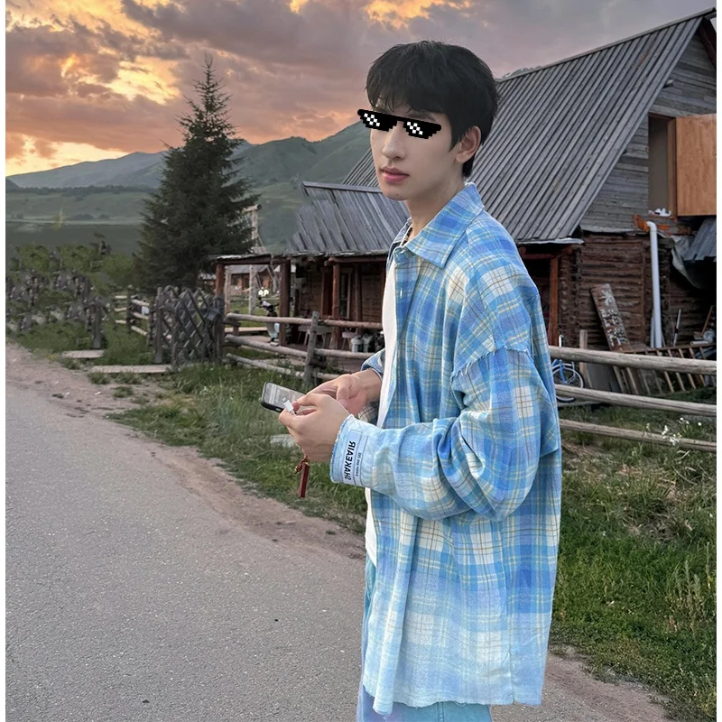

Blue adient Plaid Long Sve irt Men's Clean Sle American Retro Autumn Outerwear Loose Fit Youth Faion No Ironing