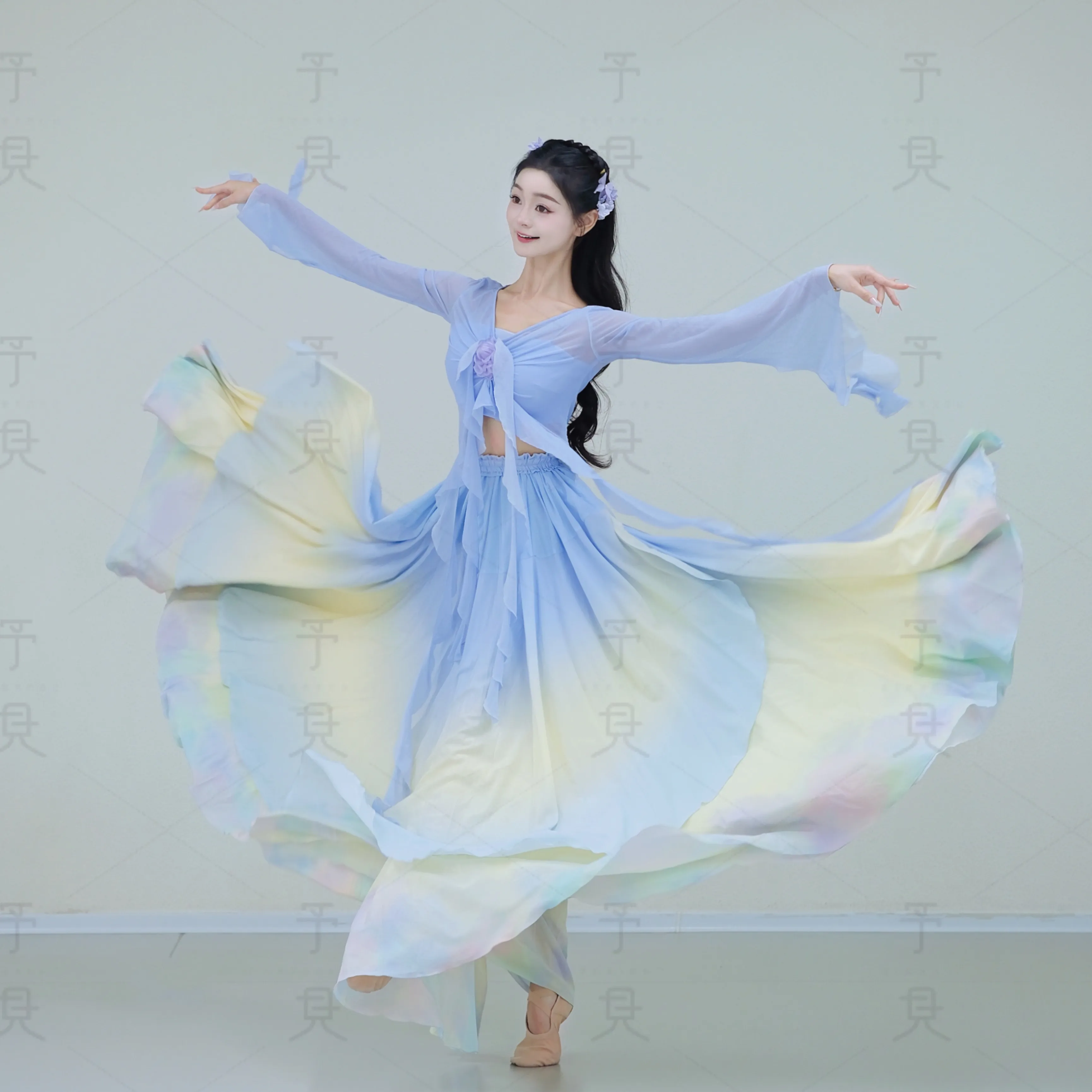 Oriental Folk Dance Outfit Blue Yellow Ombre Chiffon Long Sleeve Big Hem Skirt for Stage Show & Themed Photoshoot
