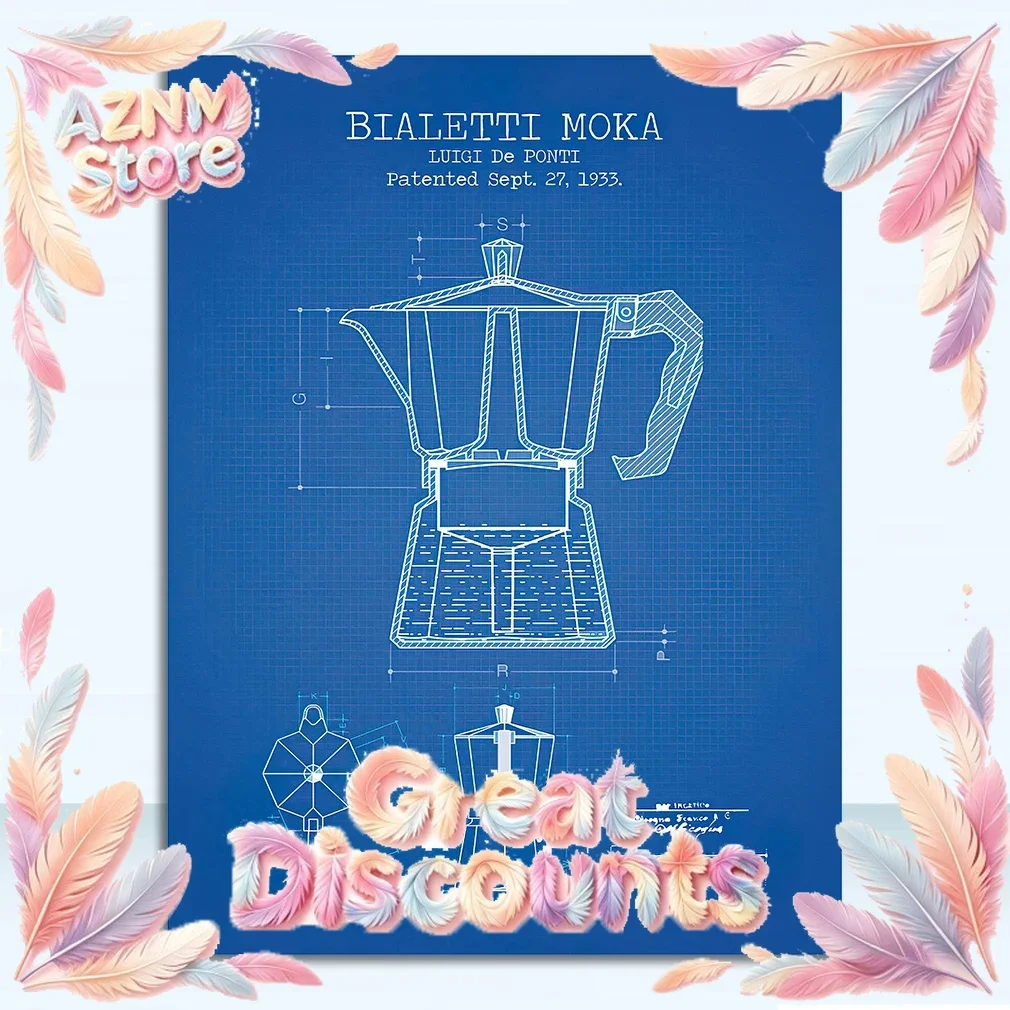 Pôster de Pintura em Tela 2026: Arte de Parede para Cozinha com Desenho de Cafeteira, Pôsteres e Gravuras de Patente de Cafeteira Bialetti