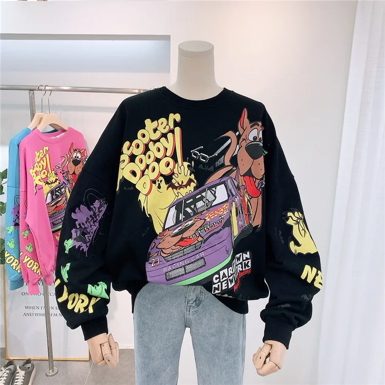 Brief Afdrukken Sweatshirt Vrouwen High Street Cartoon Puppy Auto Kleren Casual Crew Neck Trui Bulk Artikelen Groothandel Veel