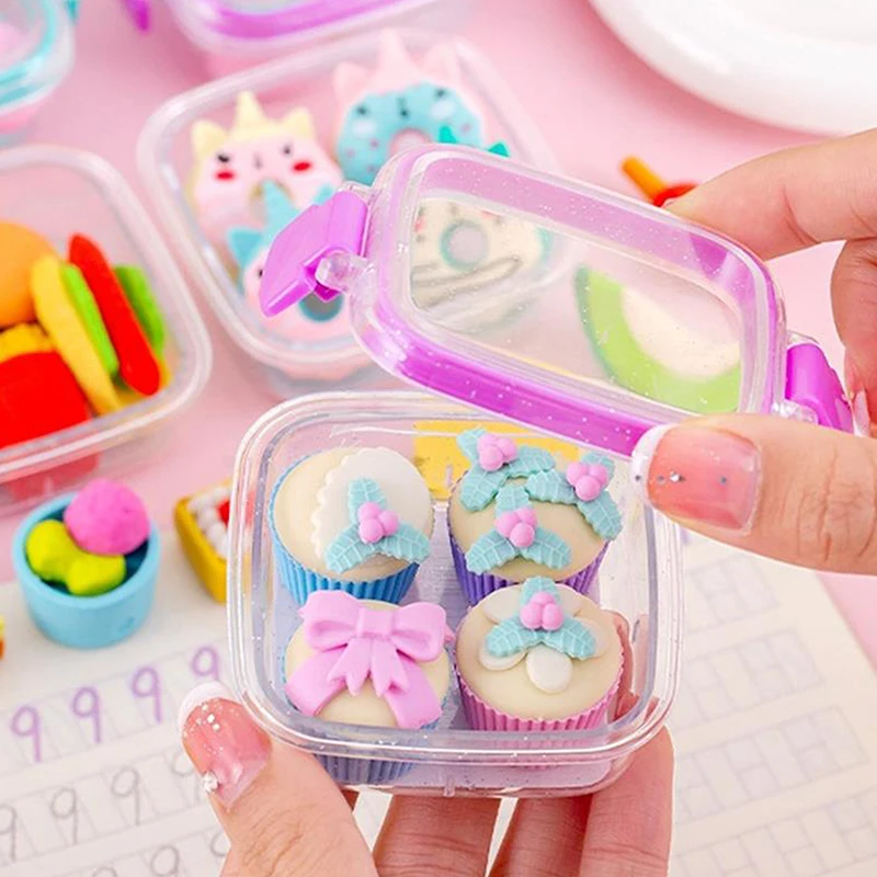 Random 1pc Lunch Box Eraser Set Lovely Eraser Soft Pencil Eraser School Students Stationery Supplies Exquisite Prize Gifts