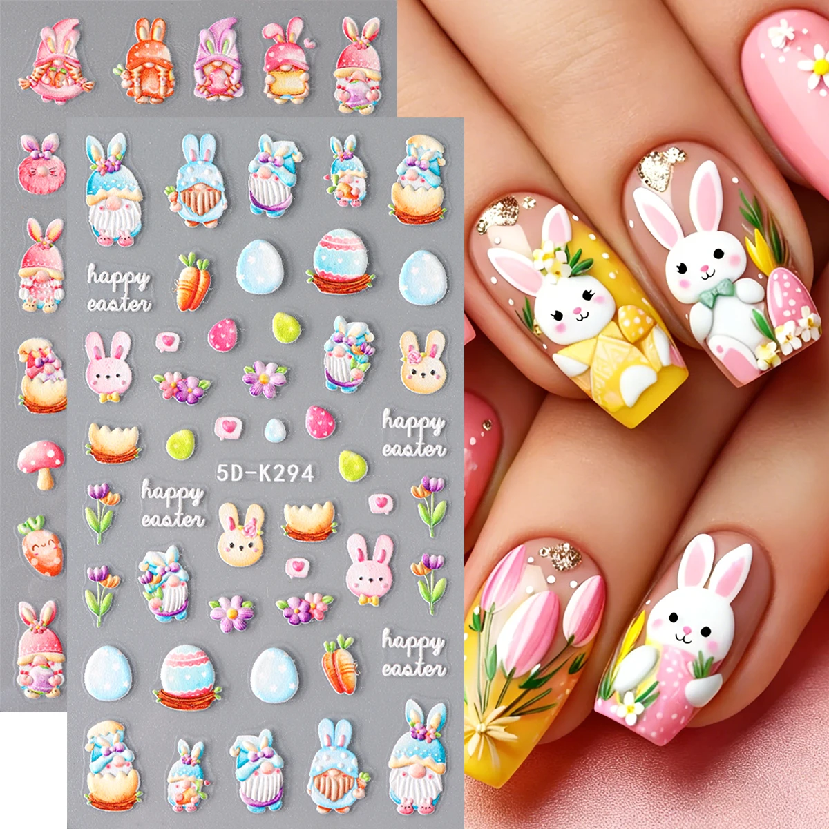 3D Geprägte Niedliche Hasen-Nagelaufkleber Cartoon-Kaninchen Eier Blumen Nagelkunst-Aufkleber Frühling Sommer Nageldekorationen Maniküre