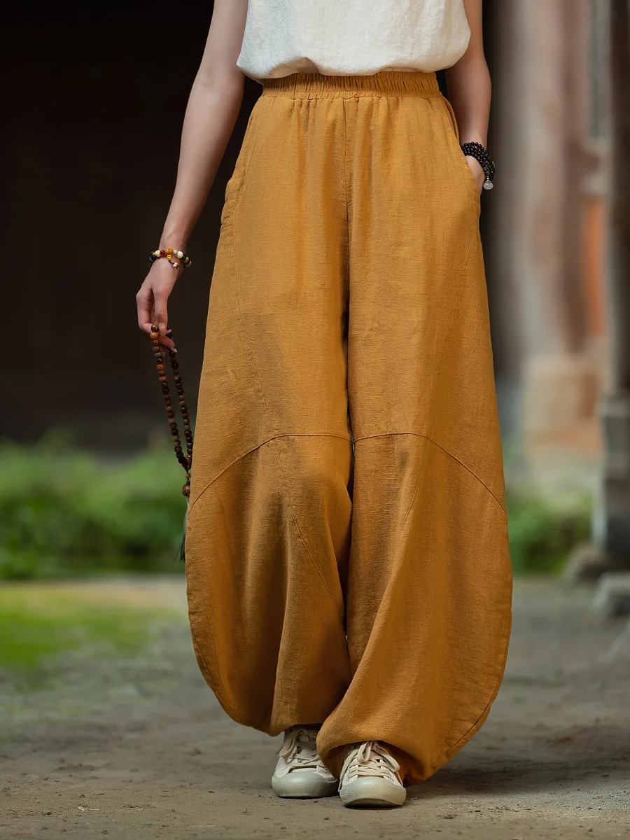 

Casual Cotton Linen Pants Women's Baggy Elastic Waist Trouser Summer Loose Lantern Pants with Pockets