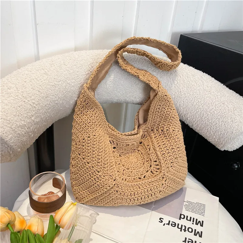 

New Shoulder Bag Fashion Casual Crochet Shopping Tote For Women Solid Color Hollow Out Knitted Beach Bag Large Capacity Handbags