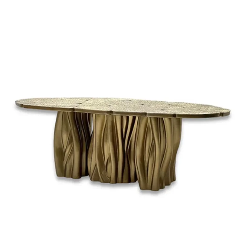 Luxury villa special-shaped tree root-shaped dining table golden etching process pure copper dining table